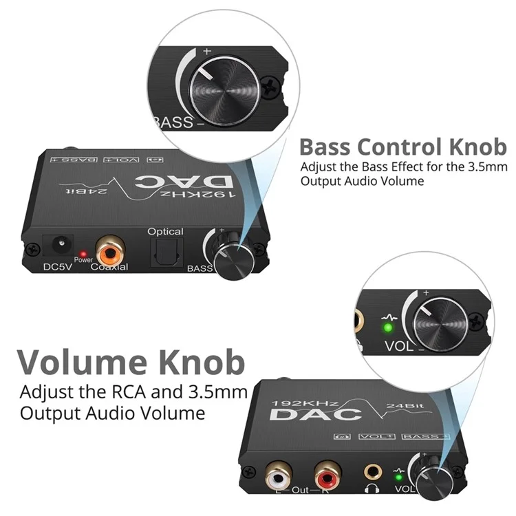 AY106 192Khz 24Bit DAC Digital to Analog Audio Converter with Volume Adjustment and Bass Control