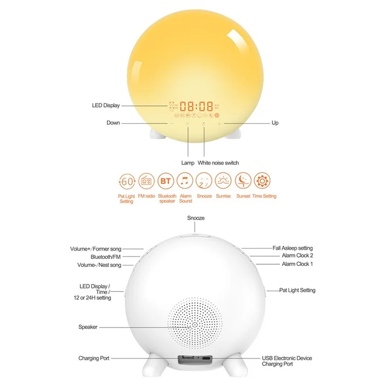 SH-123 Digital Wake-Up Light Sunrise / Sorring Clock di Simulazione al Tramonto Con Altoparlante Wireless Bluetooth FM Radio Night Light - Plug