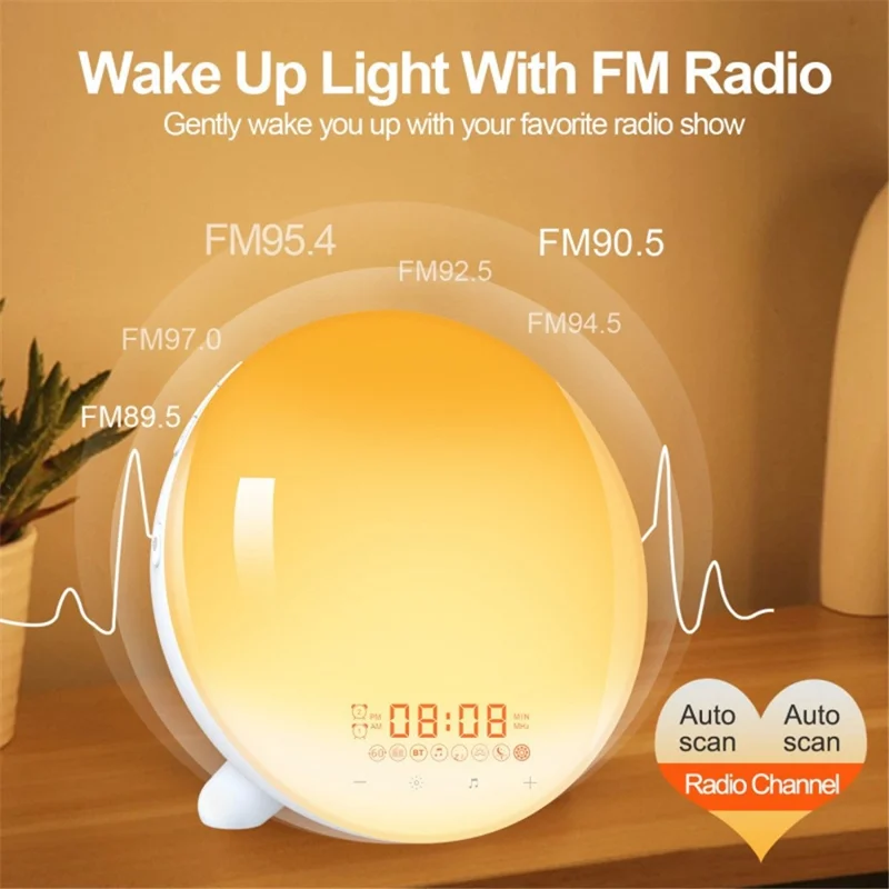 SH-123 Digital Wake-Up Light Sunrise / Sunset Simulation Alarm Clock with FM Radio Night Light Bluetooth-compatible Wireless Speaker - UK Plug