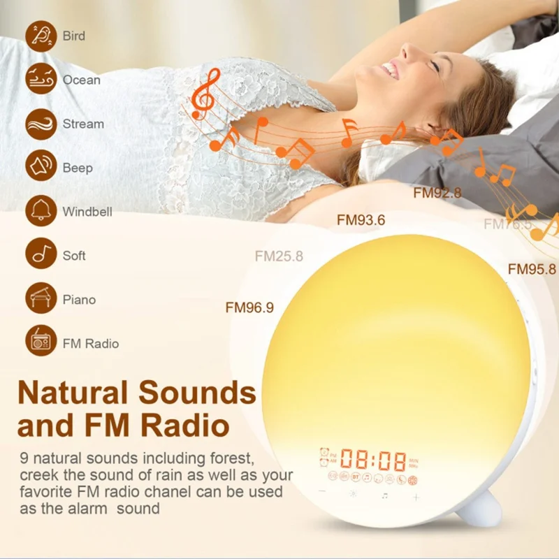 SH-123 Digital Wake-Up Light Sunrise / Sunset Simulation Alarm Clock with FM Radio Night Light Bluetooth-compatible Wireless Speaker - UK Plug