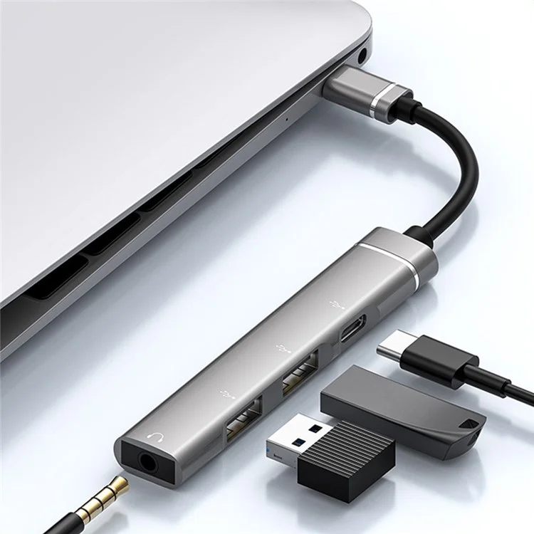 4-In-1 USB-C Hub Type-C to 2xUSB 2.0 + 3.5mm AUX Port + Type C Port Compatible for Laptops and Other Type C Devices