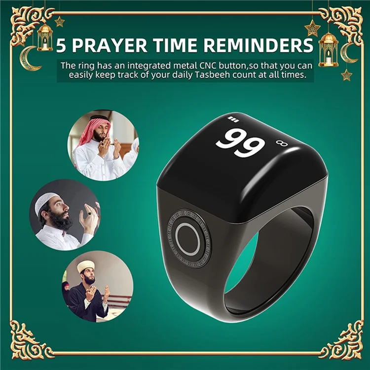 QB702 22mm Zinc Alloy Digital Smart Ring Tasbeeh Tasbih Ring Azan Quran Ring Counter Azan Zikr Ring - Black