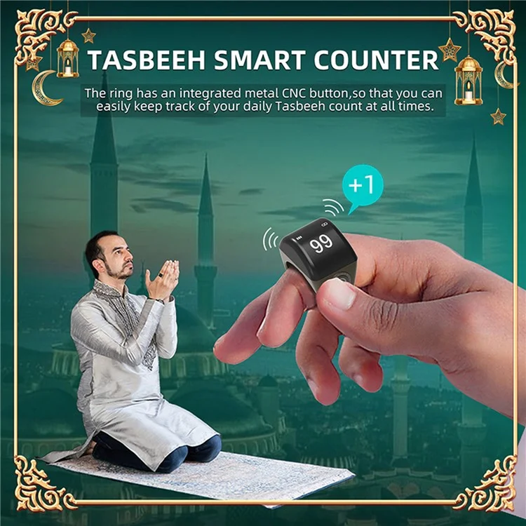 QB702 22mm Zinc Alloy Digital Smart Ring Tasbeeh Tasbih Ring Azan Quran Ring Counter Azan Zikr Ring - Black