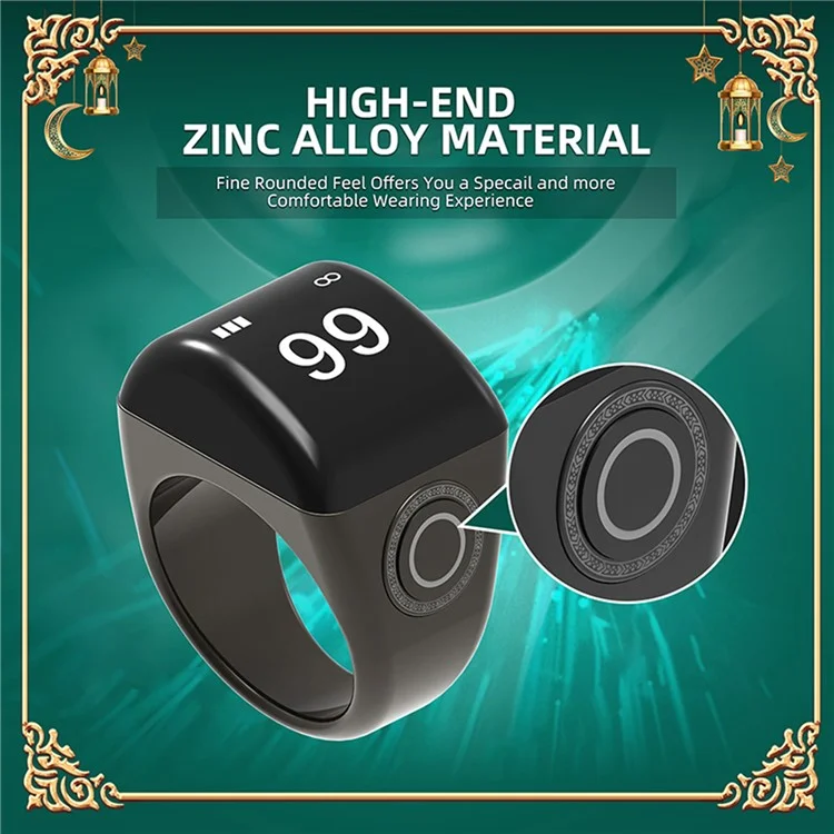 QB702 22mm Zinc Alloy Digital Smart Ring Tasbeeh Tasbih Ring Azan Quran Ring Counter Azan Zikr Ring - Black