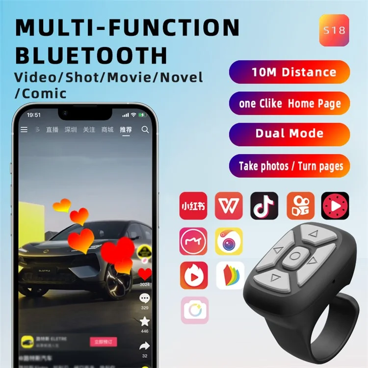 S18 Multi-Function Bluetooth-compatible Mobile Phone Remote Control Wireless Cell Phone APP Controller E-books Flipping Remote - Sky Blue