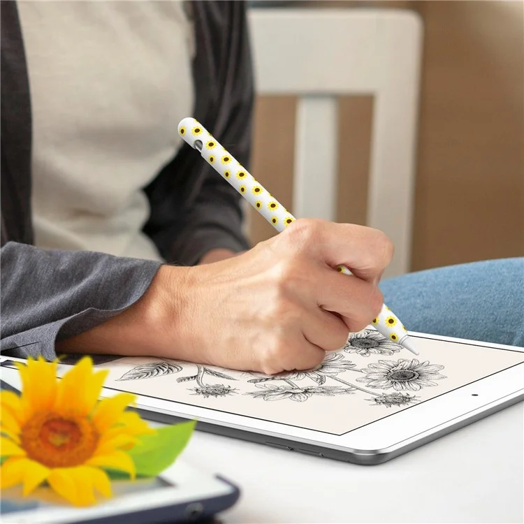 AHASTYLE PT93SF Schutzmantel für Apple Pencil (1. Generation), hautberührungssichere Sonnenblumenmuster-Silikonhülle - Weiß