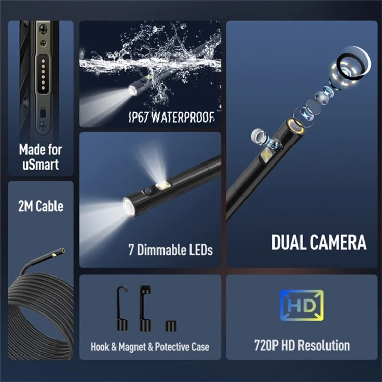 ulefone usmart e02 endoscope double caméra borescope scope camera pour power armor 19 / 18t / 18 / 16 pro / 13 / armure 9 / 9e