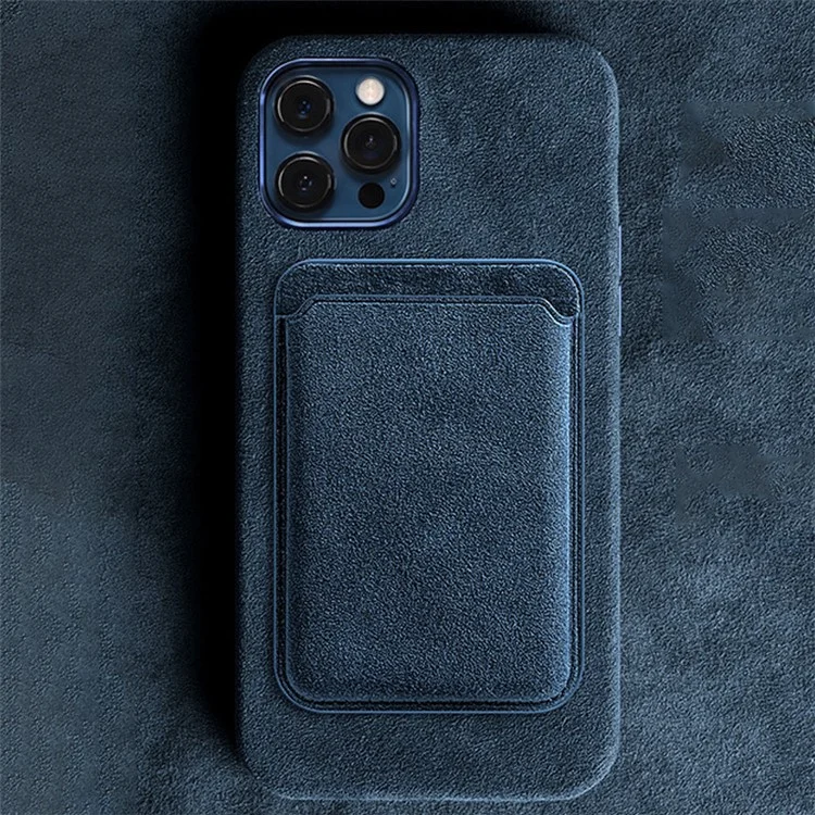 Suede Leather Phone Secure Credit Card Holder for iPhone 14 / 13 / 12 Series Magnetic Card Bag - Navy Blue