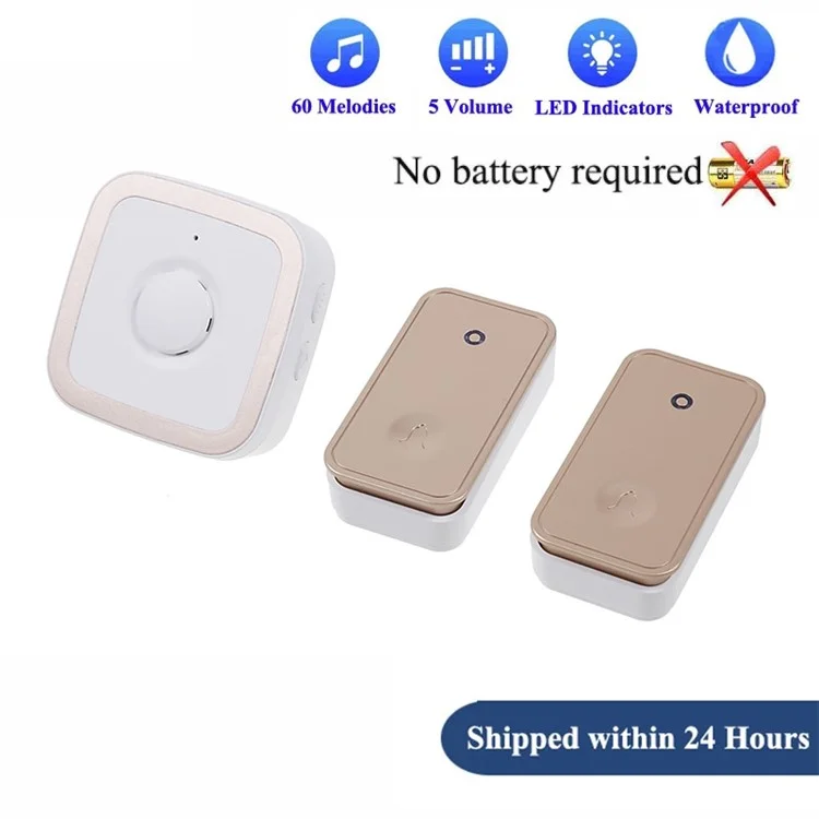 Cacazi FA12 60 Canciones Home Wireless Wireless Toestbell Remote Smart Llamadas, 1 Transmisor+2 Receptores - Oro / Enchufe de la ue