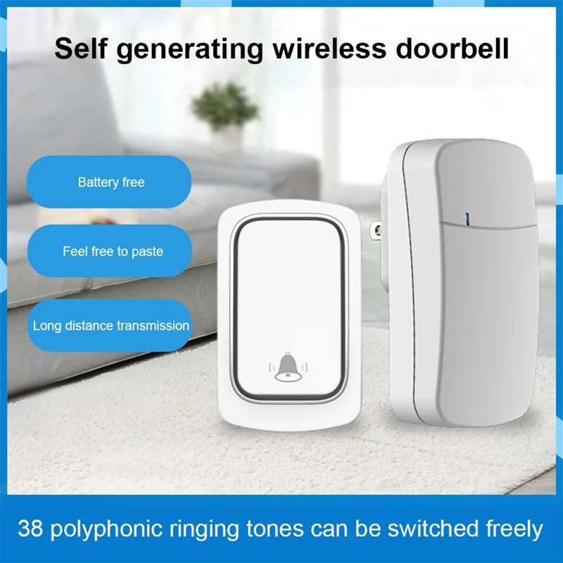 ML01 Self-powered Wireless Door Bell 38 Ringtones Home Intelligent Alarm System, 1 Transmitter+1 Receiver - White / US Plug