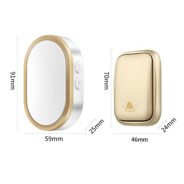 CACAZI FA99 Sonnette sans fil à production autonome, Sonnette de porte à distance à domicile, 1 récepteur et 1 émetteur - Prise UE / Or