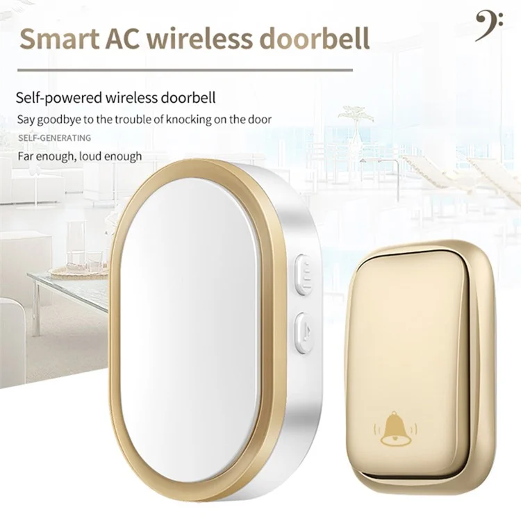 CACAZI FA99 Sonnette sans fil à production autonome, Sonnette de porte à distance à domicile, 1 récepteur et 1 émetteur - Prise UE / Or