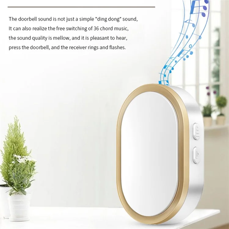 CACAZI FA99 Sonnette sans fil à production autonome, Sonnette de porte à distance à domicile, 1 récepteur et 1 émetteur - Prise UE / Or