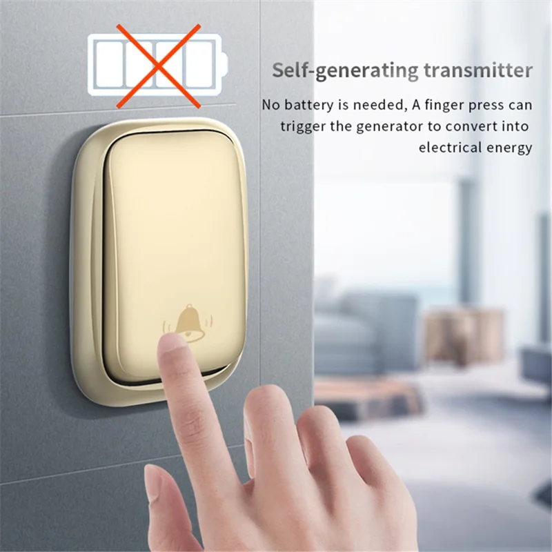 CACAZI FA99 Wireless Self-generating Press Doorbell Home Remote Door Bell, 1 Receiver and 1 Transmitter - EU Plug / White