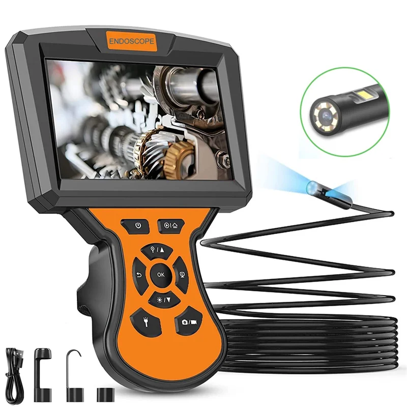 M50 2m Hard Wire Industrial Endoscope Camera Dual Lens 8mm 7-LED IP67 Waterproof Borescope 5'' IPS Screen - Orange