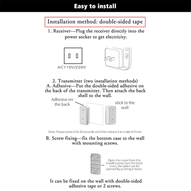 CACAZI FA96 60 Chime Self-powered Wireless Doorbell Smart Home Alarm System, 1 Transmitter+2 Receivers - Black / EU Plug