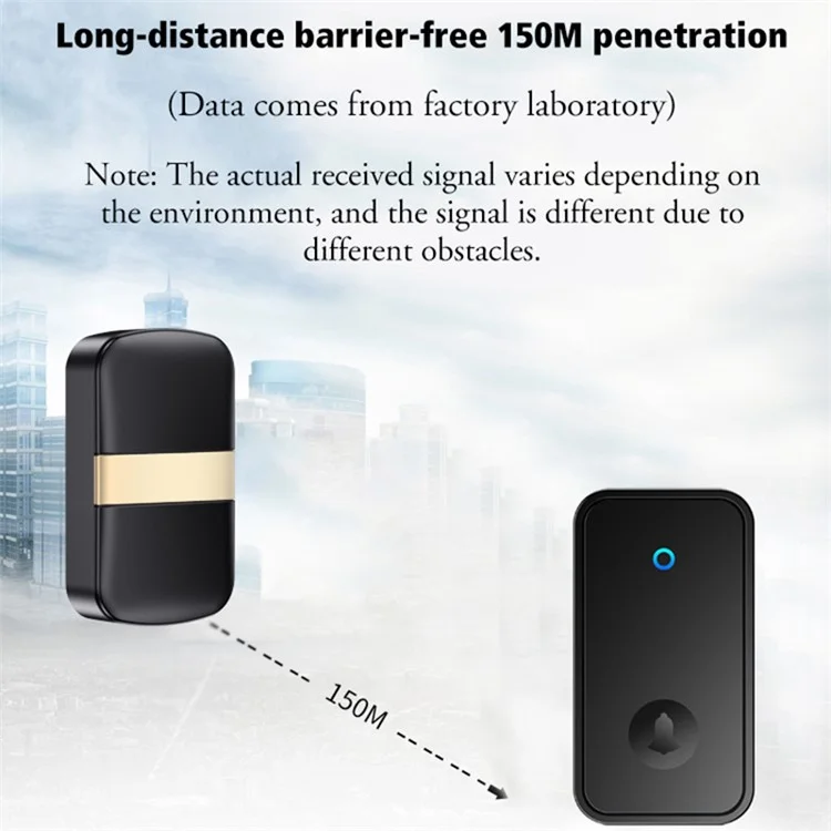 CACAZI FA96 Self-powered Home Wireless Doorbell No Battery Required Ring Chime, 1 Transmitter+1 Receiver - Black / EU Plug