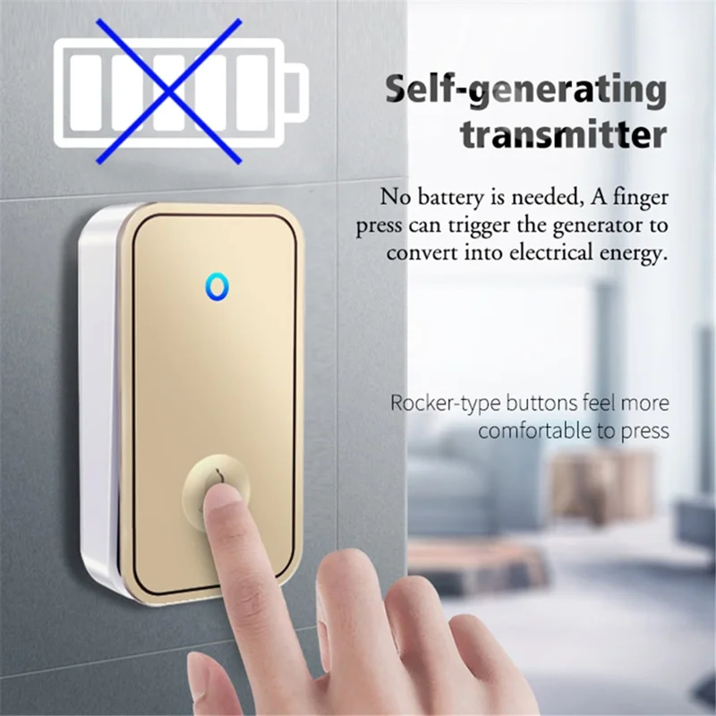 CACAZI FA96 Wireless Doorbell 60 Chime 5 Levels Adjustable Self-powered Alarm System, 2 Transmitters+1 Receiver - Silver / EU Plug