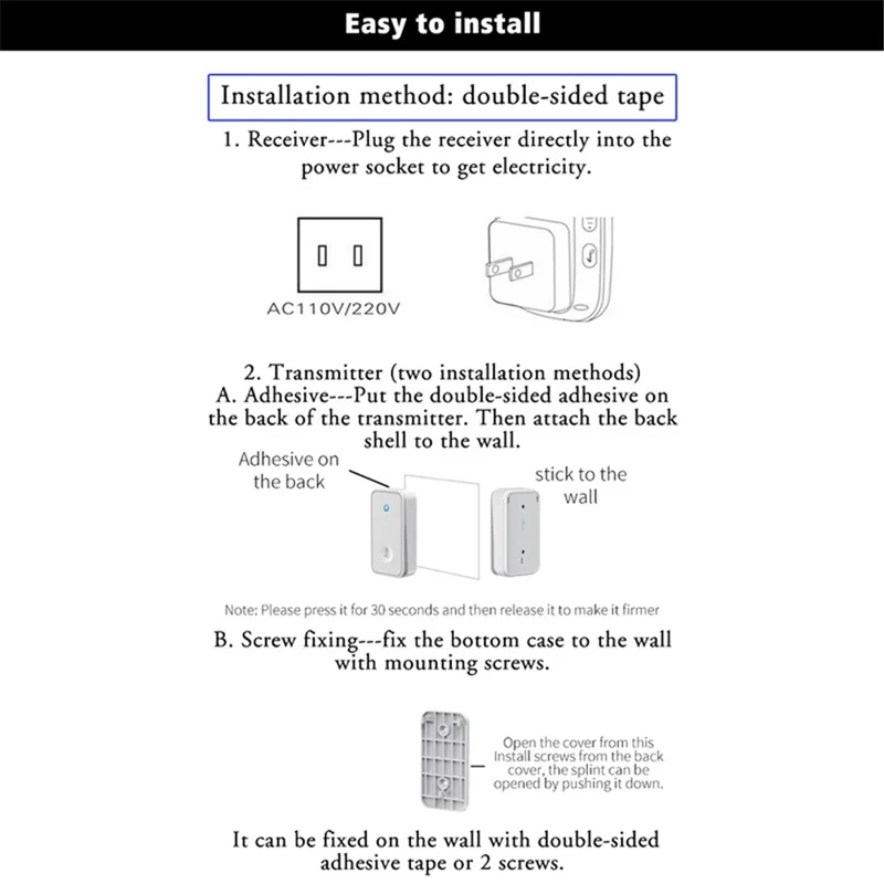 CACAZI FA28 Self-Generating Wireless Doorbell Transmitter + Receiver Smart Doorbell - White / US Plug