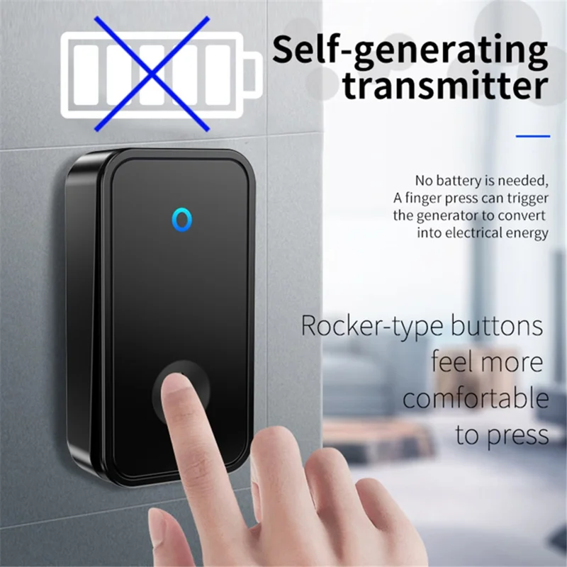 CACAZI FA28 Wireless Doorbell Set with Self-Generating Transmitter + 2 Receiver Smart Home Doorbell - Black / EU Plug