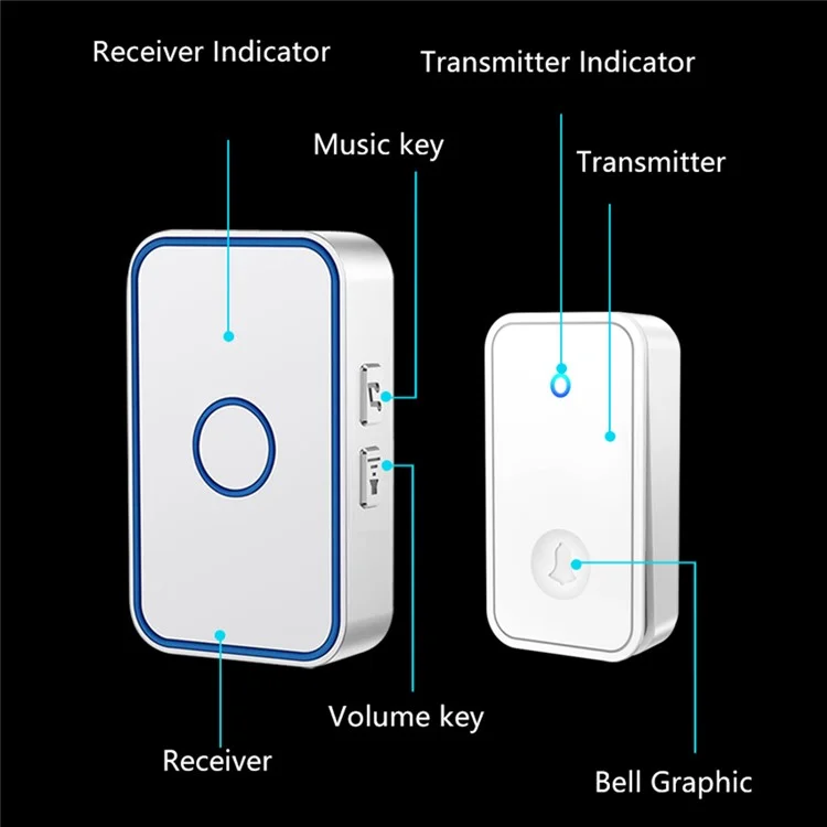 CACAZI FA78 Sonnette sans fil autogénératrice pour la maison Émetteur + Récepteur Sonnette intelligente - Noir / Prise US