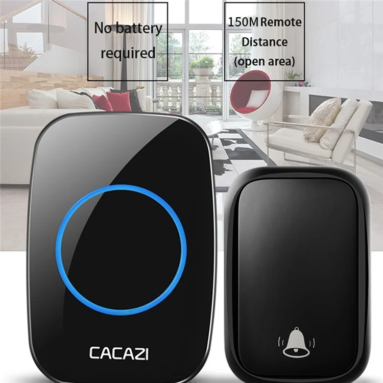 CACAZI FA58 60 mélodies Alarme Sonnette sans fil Kit Maison Porte Cloche avec 1 récepteur et 2 émetteurs - Noir / Prise EU