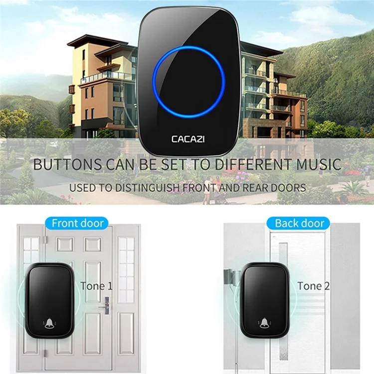 CACAZI FA58 60 mélodies Alarme Sonnette sans fil Kit Maison Porte Cloche avec 1 récepteur et 2 émetteurs - Noir / Prise EU