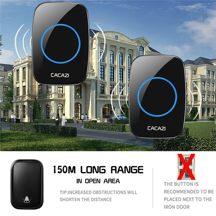 CACAZI FA58 60 mélodies Alarme Sonnette sans fil Kit Maison Porte Cloche avec 1 récepteur et 2 émetteurs - Noir / Prise EU