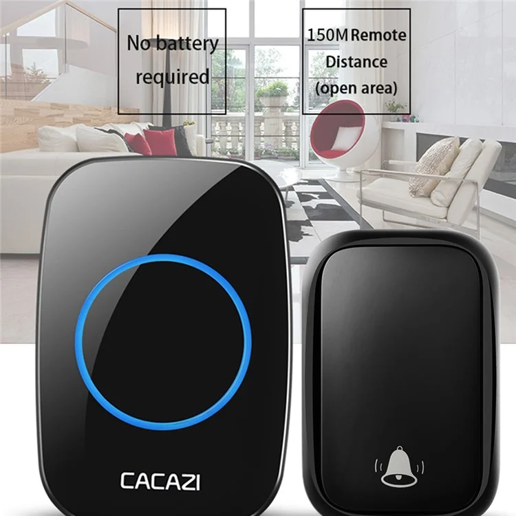CACAZI FA58 Campainha Sem Fio Doméstica Campainha de Porta Impermeável à Prova d'Água com LED para Uso Externo - Preto / Plugue da UE