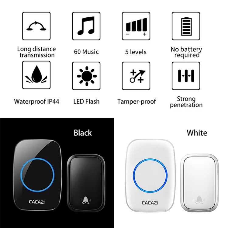 CACAZI FA58 Campainha Sem Fio Doméstica Campainha de Porta Impermeável à Prova d'Água com LED para Uso Externo - Preto / Plugue da UE