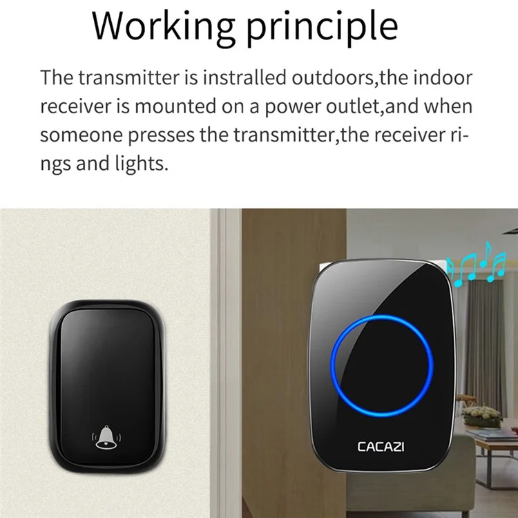 CACAZI FA58 Campainha Sem Fio Doméstica Campainha de Porta Impermeável à Prova d'Água com LED para Uso Externo - Preto / Plugue da UE