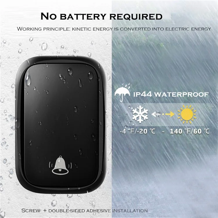 CACAZI FA58 Campainha Sem Fio Doméstica Campainha de Porta Impermeável à Prova d'Água com LED para Uso Externo - Preto / Plugue da UE