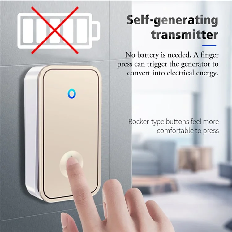 Ensemble de sonnette sans fil intelligent CACAZI FA50 Transmetteur + 2 récepteurs auto-alimentés Sonnette pour la maison - Or / Prise US