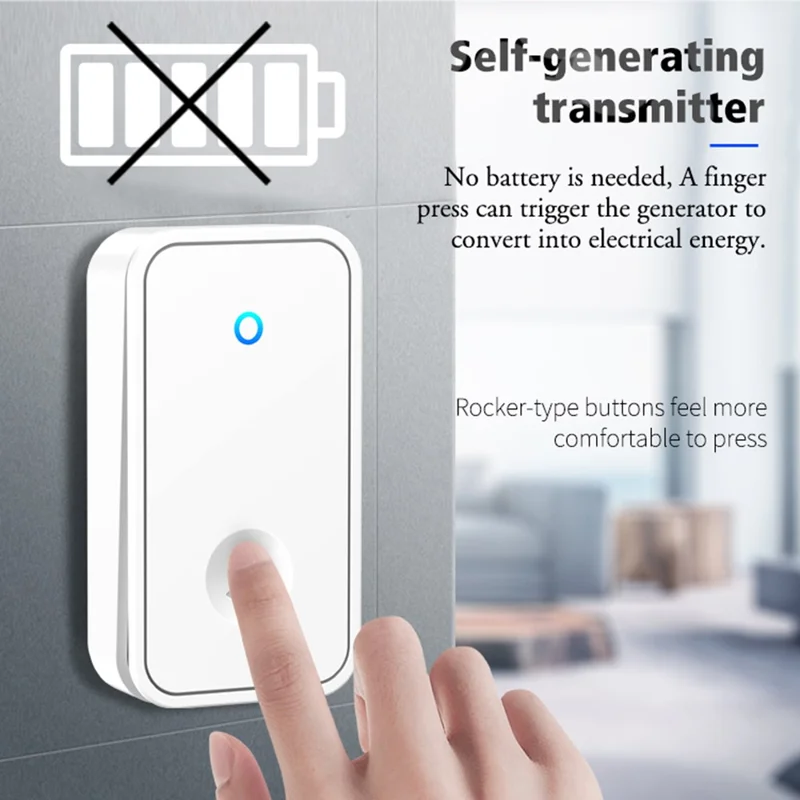 CACAZI FA86 Self-Powered Smart Wireless Doorbell Set with Transmitter + 2 Receiver Doorbell Support 150m Distance - Black / EU Plug