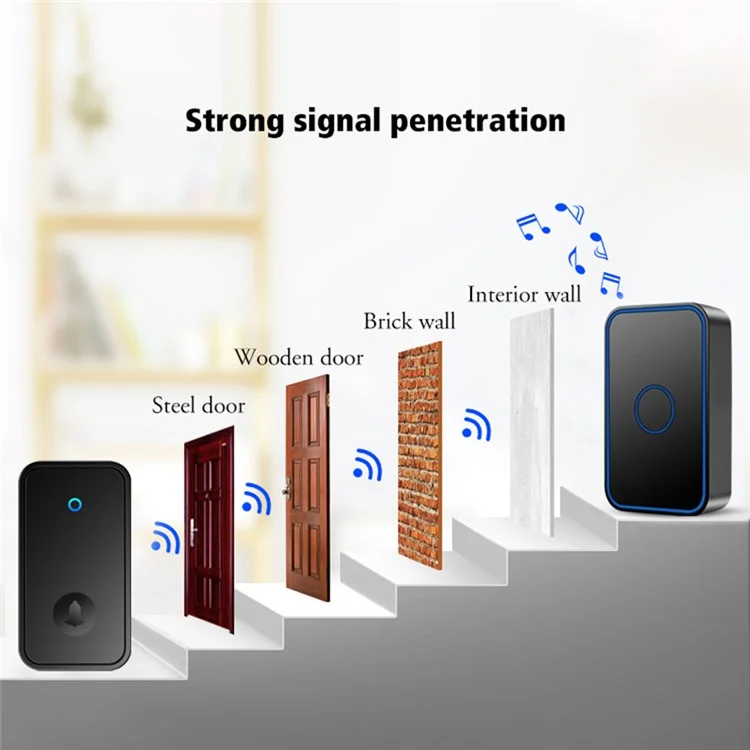 Cacazi FA78 Smart Wireless Door Doblls Set с Передатчиком / 2 Приемник Самогенерирующий Домашний Дверной Звонок - Черный / us Plug