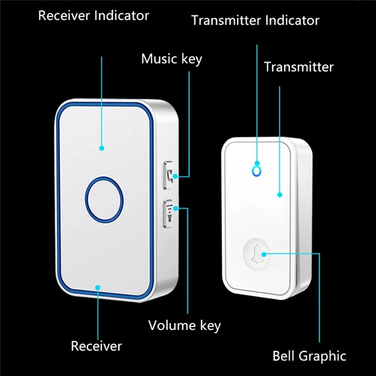 Cacazi FA78 Smart Wireless Door Doblls Set с Передатчиком / 2 Приемник Самогенерирующий Домашний Дверной Звонок - Черный / us Plug