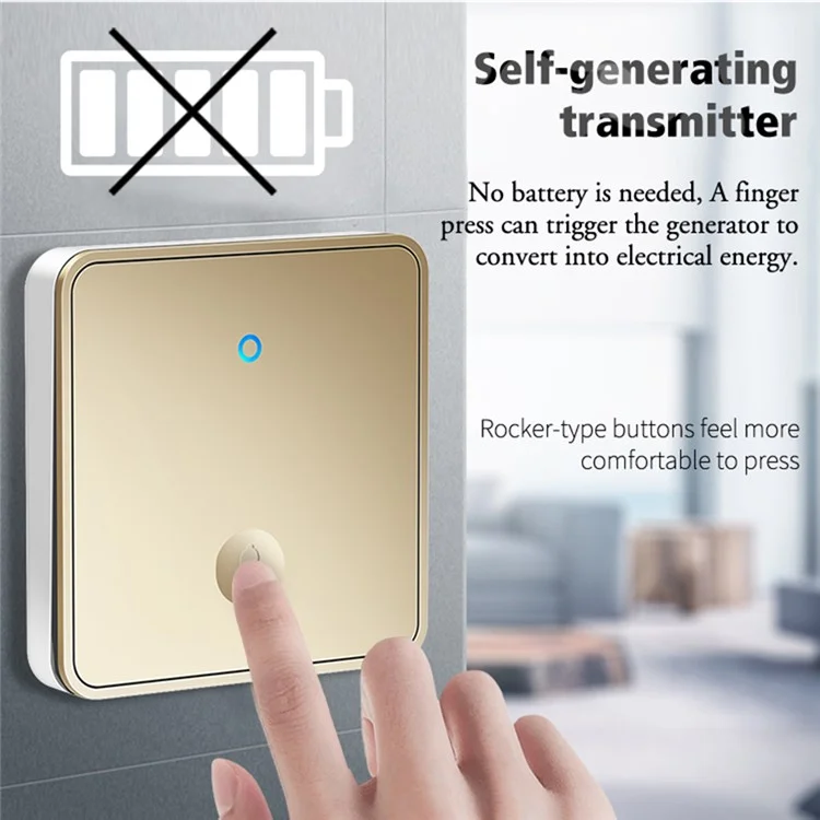 CACAZI FA50 Self-Powered Wireless Doorbell for Home Smart Doorbell Set with Transmitter + 2 Receiver (86 Large Button) - Gold / US Plug