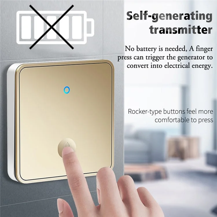 CACAZI FA96 Self-powered Wireless Doorbell No Battery Required Ring Chime (Type 86 Big Button), 1 Transmitter+1 Receiver - Gold / EU Plug