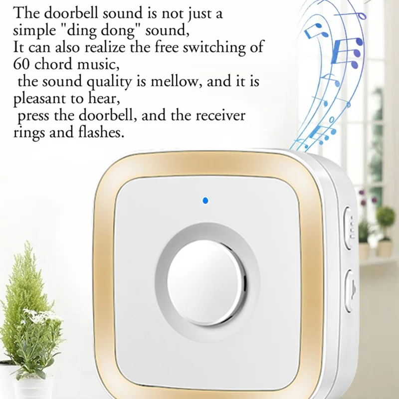 CACAZI FA12 Self-powered Wireless Doorbell 60 Songs Remote Calling Bell (Type 86 Big Button), 1 Transmitter+2 Receivers - White / US Plug