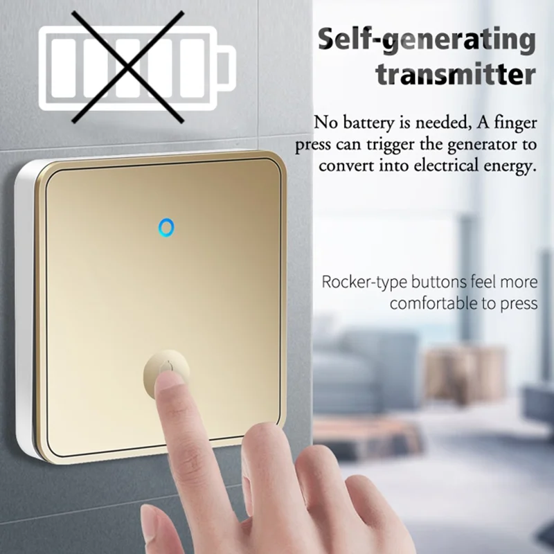 CACAZI FA12 Self-powered Wireless Doorbell 60 Songs Remote Calling Bell (Type 86 Big Button), 1 Transmitter+2 Receivers - Gold / EU Plug