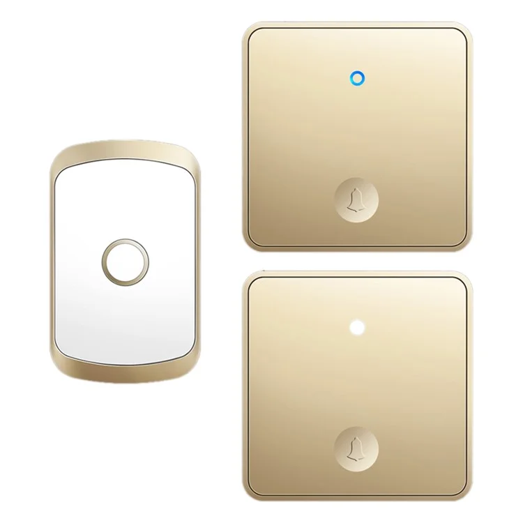 CACAZI FA50 Juego de Timbre Inalámbrico Inteligente Autogenerado 2 Transmisor / Receptor para el Hogar (Botón Grande de 86) - Dorado / Enchufe de EE. UU.