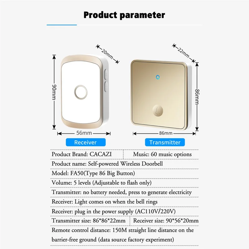 CACAZI FA50 Set di campanelli wireless intelligenti autoalimentati 2 trasmettitori / ricevitore per casa (86 pulsante grande) - Nero / Spina USA