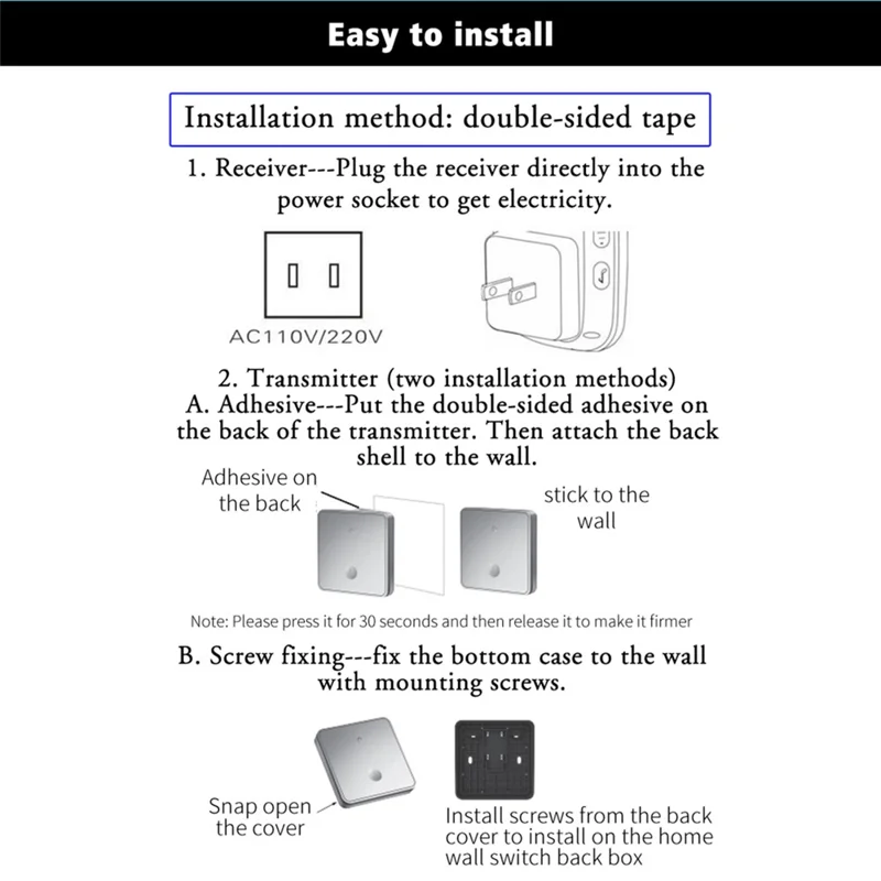 CACAZI FA50 Self-Powered Smart Wireless Doorbell Set 2 Transmitter  /  Receiver Doorbell for Home (86 Large Button) - White / EU Plug