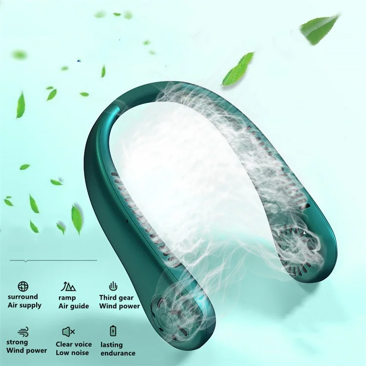 Ventilateur de Cou à Faible Bruit USB Mini-ventilateur de Refroidissement Rechargeable 3 Vitesses de Vent Portables de Vitesse D'été - Vert