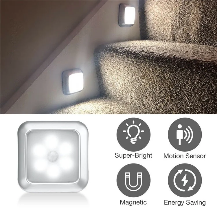 Sensor de Luz Infravermelho Quadrado Inteligente para Casa Luz de Armário Corredor Lâmpada de Controle Criativa Luz Noturna - Prata / Luz Branca