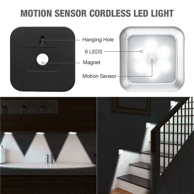 Sensor de Luz Infravermelho Quadrado Inteligente para Casa Luz de Armário Corredor Lâmpada de Controle Criativa Luz Noturna - Prata / Luz Branca
