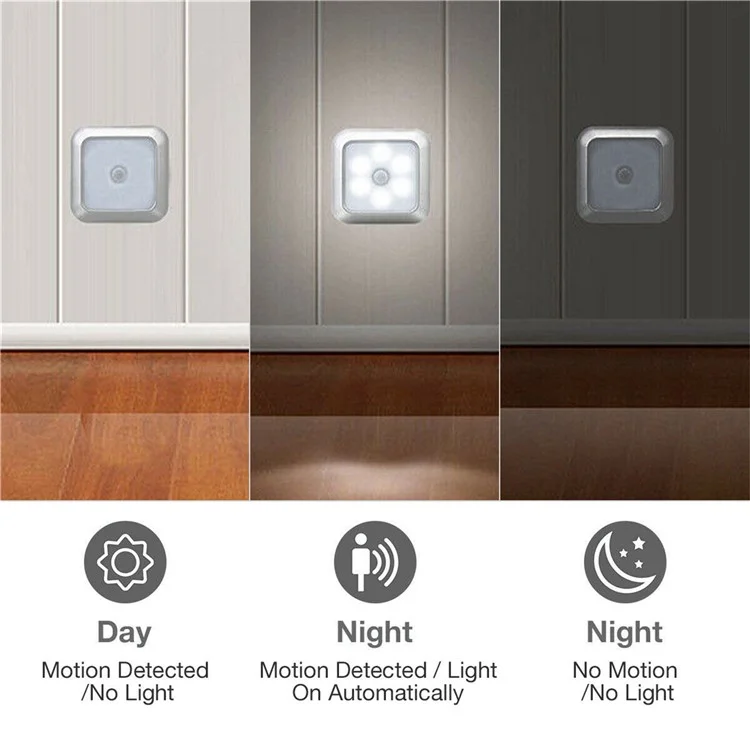 Sensor de Luz Infravermelho Quadrado Inteligente para Casa Luz de Armário Corredor Lâmpada de Controle Criativa Luz Noturna - Prata / Luz Branca
