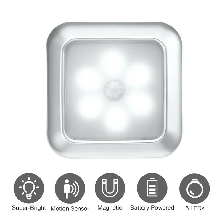 Sensor de Luz Infravermelho Quadrado Inteligente para Casa Luz de Armário Corredor Lâmpada de Controle Criativa Luz Noturna - Prata / Luz Branca