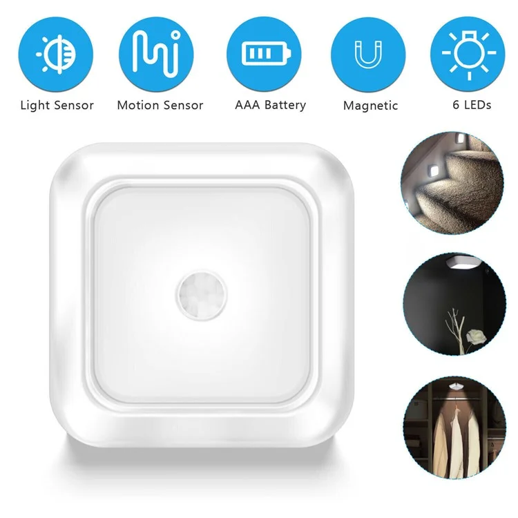 Sensor de Luz Infravermelho Quadrado Inteligente para Casa Luz de Armário Corredor Lâmpada de Controle Criativa Luz Noturna - Prata / Luz Branca