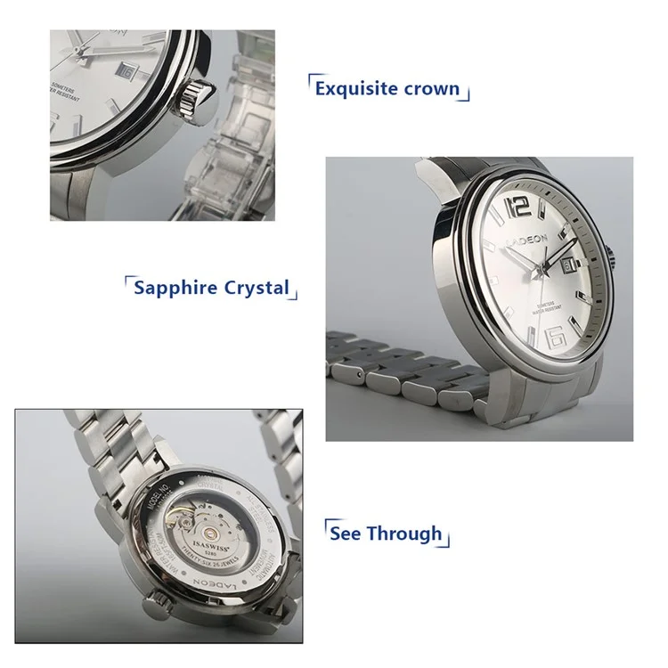 Montre mécanique pour homme LADEON Sapphire Crystal Glass, acier inoxydable de style élégant - Couleur acier LAD10025